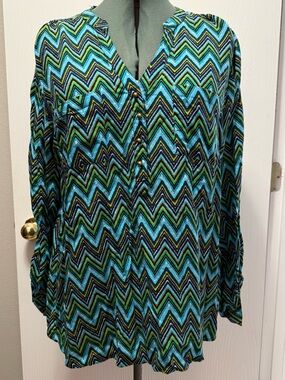 Cato Women’s Chevron Print Blouse Blue Green V-Neck Boho Top Chic Size 18/20